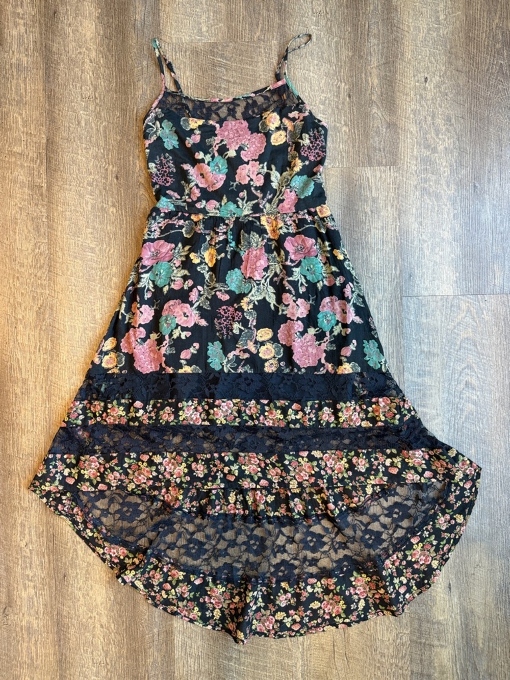 American Rag Juniors Black Floral Print High Low Cottagecore Dress Size X-Small